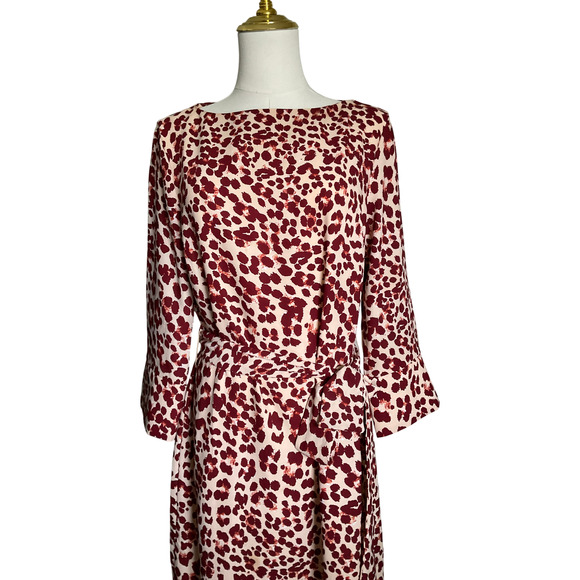 H&M Women's Dress Size 8 Soft Leopard Print 3/4 Sleeve Tie Waist Cream Red - Picture 10 of 13